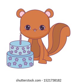 cute chipmunk animal with cake of birthday vector illustration design