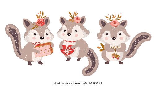 Cute chipmunk animal set. Forest woodland character collection with gift and flower. Vector happy funny greeting card for Valentine day and birthday.