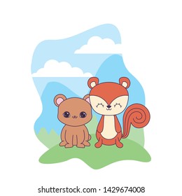 cute chipmunk with bear animals in landscape