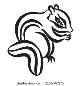 Cute chipmunk black and white drawing. Vector illustration isolated on white background. Black silhouette of a chipmunk logo. Linear drawing. Design tattoo.