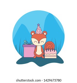 cute chipmunk with cake of birthday and gift box