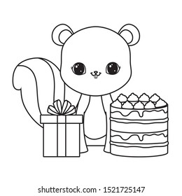 cute chipmunk with cake of birthday and gift box vector illustration design
