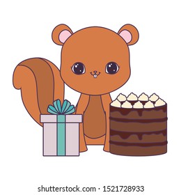cute chipmunk with cake of birthday and gift box vector illustration design