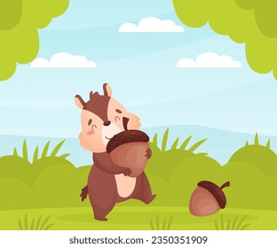 Cute Chipmunk Character Carrying Acorn Vector Illustration