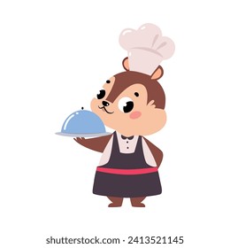 Cute Chipmunk Chef Character in Toque Hold Tray Vector Illustration