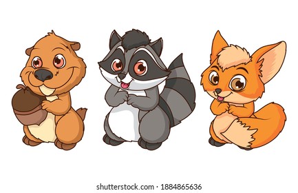 cute chipmunk with fox and raccoon comic cartoon characters vector illustration design