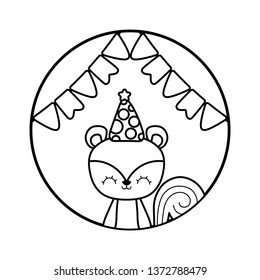 cute chipmunk with hat party in frame circular