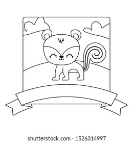 cute chipmunk in landscape with frame and ribbon vector illustration design