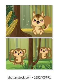 cute chipmunk and monkeys animals vector illustration design