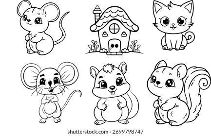 Cute Chipmunk and Mouse Coloring – Simple Line Art House Pages for Kids, Cartoon Animal Joyful Illustration Vector Set	