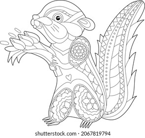 Cute chipmunk with present flowers. Doodle style, black and white background. Funny winter animal, coloring book pages. Hand drawn illustration in zentangle style for children and adults, tattoo.
