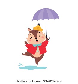 Cute Chipmunk in Rainy Day Walking with Umbrella Vector Illustration