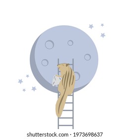 A cute chipmunk is sitting on the ladder and cleaning up the moon. Perfect for nursery bedroom, posters or print.