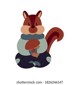 Cute chipmunk in a soft sweater holds an acorn. Isolated cartoon vector illustration. Little rodent, wildlife animal