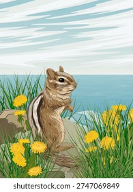 Cute chipmunk in spring landscape, realistic ground squirrel among yellow dandelions and green grass on the sea shore, nature vector illustration for poster