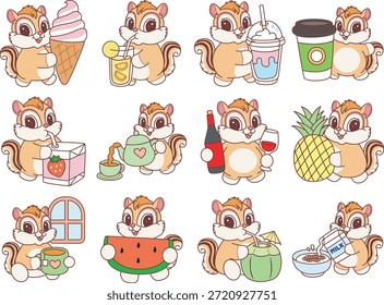 Cute Chipmunk sticker icon. Funny Chipmunk in the variation of drink and beverage