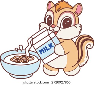 Cute Chipmunk sticker icon. Funny Chipmunk pouring a milk into cereal bowl