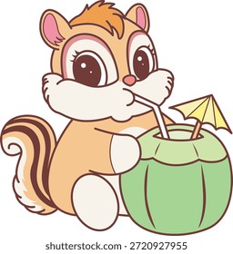 Ícone do adesivo Chipmunk bonito. Engraçado Chipmunk beber um coco