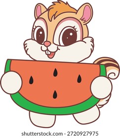 Nettes Chipmunk-Stickersymbol. Lustige Chipmunk bringen eine Wassermelone 