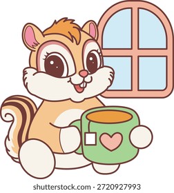 Cute Chipmunk sticker icon. Funny Chipmunk enjoy with hot tea