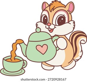 Cute Chipmunk sticker icon. Funny Chipmunk pouring a tea from the teapot