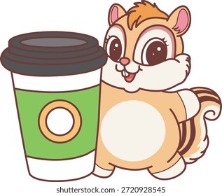 Lindo icono de pegatina de ardilla. Chipmunk divertido traer una taza de café