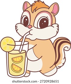 Lindo icono de pegatina de ardilla. Divertido Chipmunk disfrutar con jugo de naranja