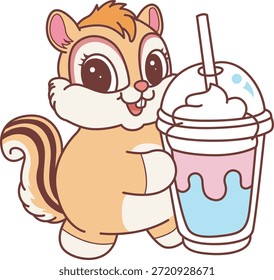 Nettes Chipmunk-Stickersymbol. Funny Chipmunk bringen einen Milchshake