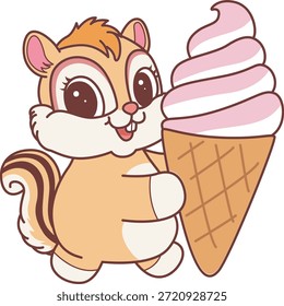 Cute Chipmunk sticker icon. Funny Chipmunk bring a strawberry ice cream