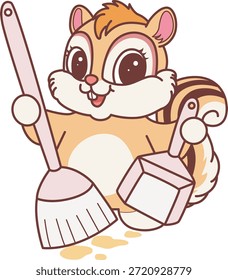 Ícone do adesivo Chipmunk bonito. Engraçado Chipmunk trazer um pó e vassoura