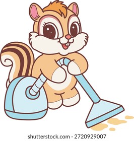 Lindo icono de pegatina de ardilla. Divertido Chipmunk limpieza del suelo con aspiradora