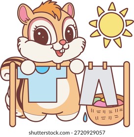 Lindo icono de pegatina de ardilla. Divertida ardilla seca y limpia la ropa bajo el sol