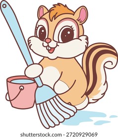 Lindo icono de pegatina de ardilla. Divertido Chipmunk trapear el suelo