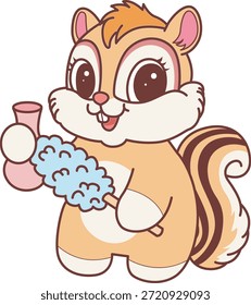Lindo icono de pegatina de ardilla. Divertido Chipmunk limpieza del jarrón con plumero