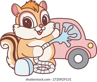 Lindo icono de pegatina de ardilla. Divertida ardilla lavando un coche