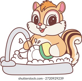 Lindo icono de pegatina de ardilla. Divertido Chipmunk limpieza de la placa en el fregadero