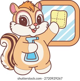 Lindo icono de pegatina de ardilla. Divertido Chipmunk limpieza de la ventana con toallita y spray