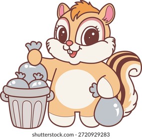 Lindo icono de pegatina de ardilla. Divertida ardilla arrojar la basura en su lugar