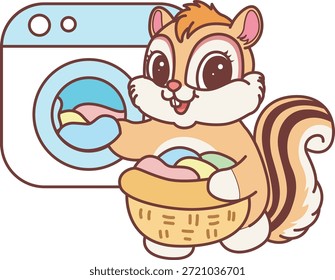 Lindo icono de pegatina de ardilla. Divertida ardilla lavando una ropa en la lavadora