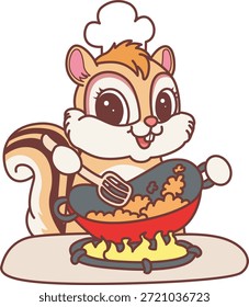 Lindo icono de pegatina de ardilla. Divertida ardilla cocinando un arroz frito