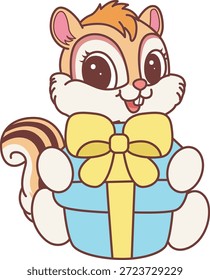 Cute Chipmunk sticker icon. Funny Chipmunk bring a gift box