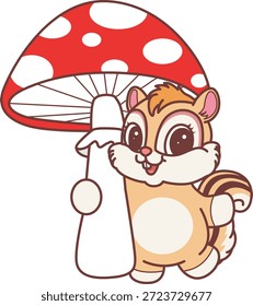 Cute Chipmunk sticker icon. Funny Chipmunk bring a mushroom