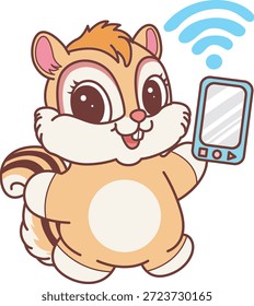 Lindo icono de pegatina de ardilla. Gracioso Chipmunk traer un teléfono