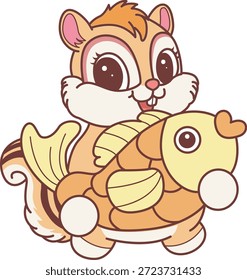Lindo icono de pegatina de ardilla. La ardilla divertida trae un pez de oro