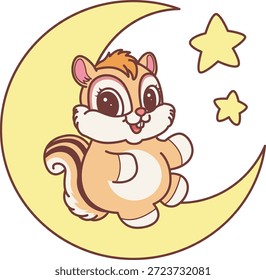 Lindo icono de pegatina de ardilla. Divertida ardilla jugando en la luna