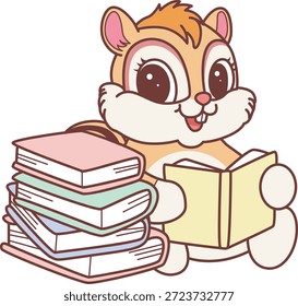 Lindo icono de pegatina de ardilla. Graciosa ardilla leyendo un libro