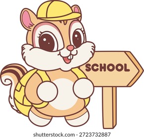 Lindo icono de pegatina de ardilla. Chipmunk divertido quiere ir a la escuela
