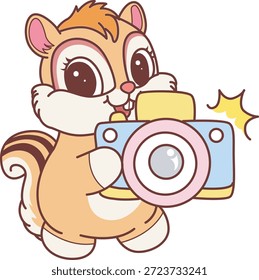 Lindo icono de pegatina de ardilla. Gracioso Chipmunk traer una cámara