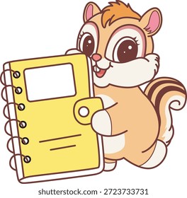 Lindo icono de pegatina de ardilla. La ardilla divertida trae notas amarillas 