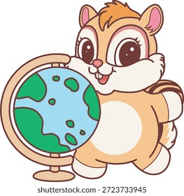 Lindo icono de pegatina de ardilla. Divertida ardilla traer un globo terráqueo